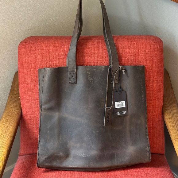 KIKO BROWN LEATHER TOTE BAG LARGE RAW EDGE LIGHTWEIGHT - Picture 1 of 2